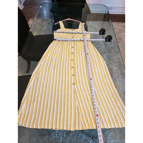 Rachel Zoe Long Maxi Dress Womens 6 Yellow Striped Linen Wide Strap Button Front - Picture 7 of 13